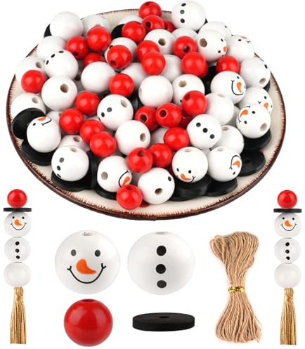 Hopton Holzperlen Set -120PCS Holzkugeln mit Weihnachtsmann Gesicht, Natürliche Holzperlen mit Loch für DIY Basteln, Holzköpfe für Sorgenwürmchenund Weihnachten Deko (Weihnachten Rot&Weiß)