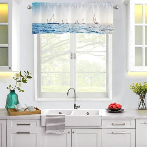 KnSam Bistrogardine Kurz, Segelboot Ozean Muster Vorhänge Kurz Blickdicht, 1er Rod Pocket Polyester Gardinen Vorhänge Verdunkelung Zimmer, Büro, BxH 152x45cm