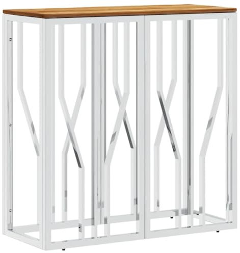 ULUYYUC Nachtkästchen Tisch Wohnzimmer Balkon Tisch Blumenhocker - Konsolentisch Silbern Edelstahl und Massivholz Akazie für Schlafzimmer Balkon Garten Wohnbereich