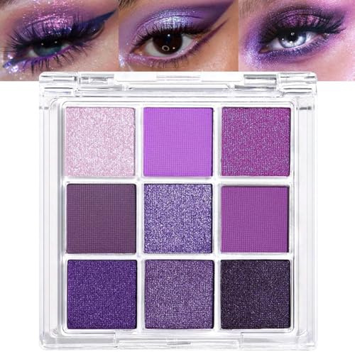 Lilbitty 1:a set 9 färger glitter ögonskuggspalett, vattenfast pigmenterad ögonmakeuppalett i violett lila silverglans, långvarig ögonskugga för kvinnor och flickor