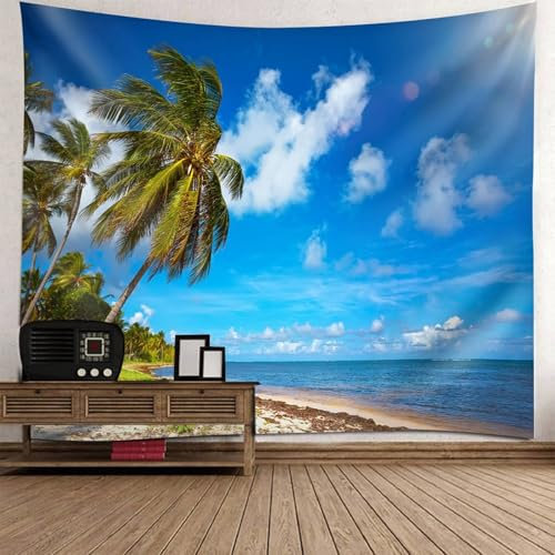 Musihy Meer-Landschaft Wandteppich | Polyester Kokosnussbaum Meer Strand Landschaft Wandteppich für Wohnzimmer, Zuhause, Zimmer, Wanddekoration | Blau Grün, 150x150cm