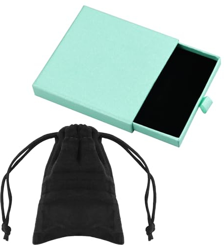 Scatola regalo di gioielli verde chiaro con sacchetto di flanella, 9 x 9 x 1,8 cm, piccolo portagioie per collane, bracciali, orecchini, organizer per forza, portatile, quadrata, con coperchio,