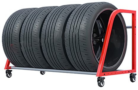 XDAWQP Reifenständer, robuster Reifenständer mit 4 Rollen, roter, Verstellbarer Garagen-Reifenfelgen-Aufbewahrungshalter aus Metall, 127 cm Langer, großer Reifenstände