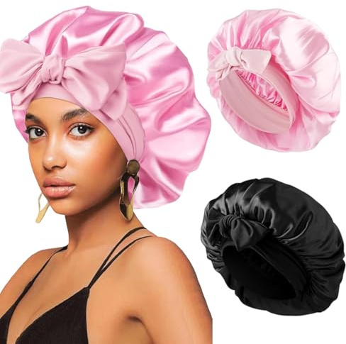 Dazhtu 2 Pièces Bonnet Satin Cheveux Nuit, Bonnet en Soie pour Couchage Maquillage, Respirant, Bonnet en Soie Chapeau Sommeil Élastique Réutilisable Capuchon de Nuit, avec Une Bande de Fixation