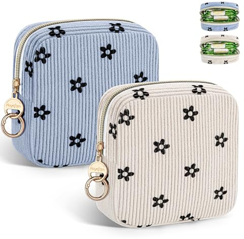 2 Neceser Compresas de Tela Bolsa para Salvaslip Compresas Reutilizables Algodon Postparto Tampones con Cremallera Mini Neceser Pequeño Viaje Portátil para Mujer Niñas Adolescent(Florida-Azul&Beige)