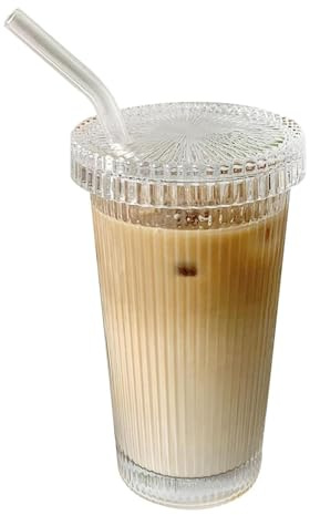 Generisch Lot de gobelets en verre nervurés avec couvercle et paille, verres à café glacé, verres à long drink, verres à smoothies, design hermétique et étanche, idéal comme café, 375 ml