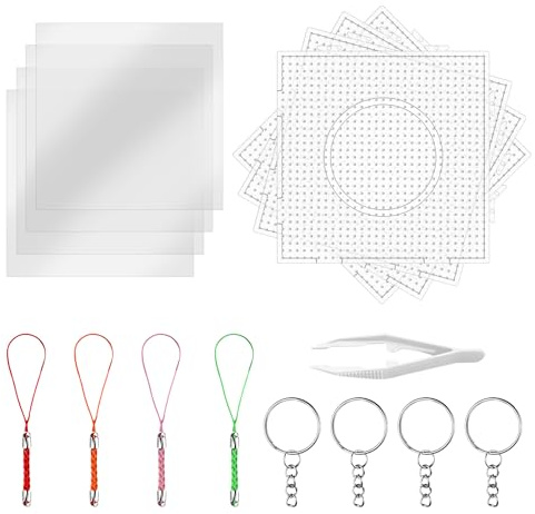 lompyeu 4Pcs 5mm Bügelperlen Platten, Transparente Steckplatten Bausätze mit 4 Bügelpapier, 4 Schlüsselband，4 Schlüsselring und 1 Pinzette