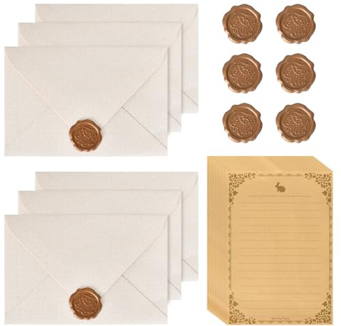 22Pcs Vintage Writing Paper Set, Stationery Paper and Envelopes Set, 10 A5 Vintage Kraft Letter Paper, 6 Linen Texture Envelopes and 6 Wax Seal, for Birthday, Wedding Invitations, Greeting (White)