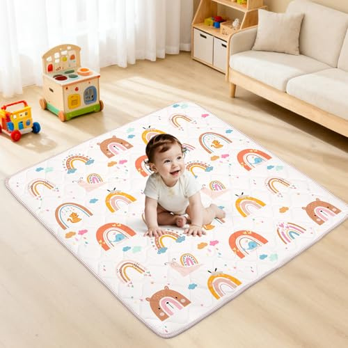 Tappetino per Giochi Bambino 127 * 127cm, Tappeto Attività Morbido con Imbottitura Spessa per Tempo a Pancia in Giù, Base Antiscivolo Sicura per Gattonamento, Arcobaleno Boho