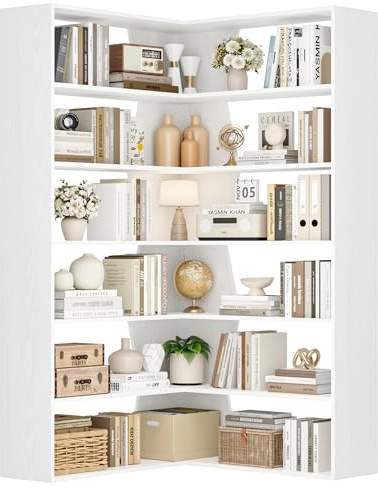FirFurd Bookcase 6 Tiers Corner Bookshelf White Tall Bookcase Free Standing with Open Storage Display Rack L-shaped Book Shelf for Living Room Home Office 90x90x190.5cm