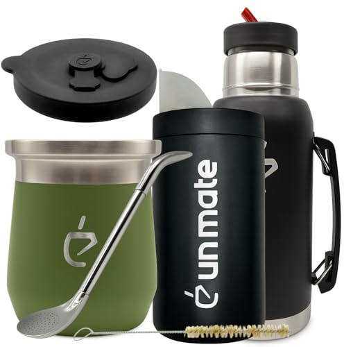 Coffret Yerba Maté Un Mate Kit complet Thermolid DualFlow PRO Forest Green – bouteille isotherme 1000 ml, Tasse Isotherme 230 ml, Bombilla, Boîte Yerba 250 g, Brosse, Coffret Cadeau Premium (Vert)