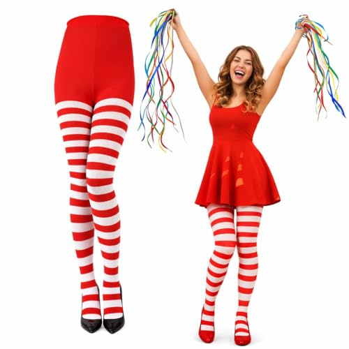 VYNZOR Medias a Rayas Rojas y Blancas Mujer – Pantys de Navidad Elásticos para Disfraz, Fiesta, Cosplay o Traje de Mamá Noel