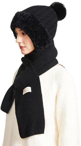 TAGVO Damen Strickmütze & Halswärmer Thermo Winter, 2 in 1 Winddicht Elastisch Klassische Jacquard Schlupfmütze und Schals mit Fleece Futter, Schalmütze Sturmhaube Bommelmütze für Damen