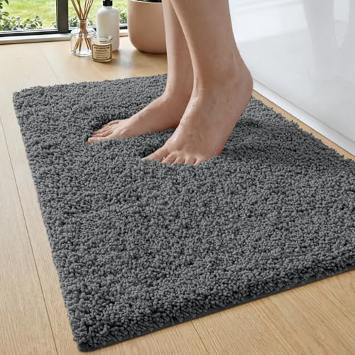 DEXI Badezimmerteppich 40 x 60 cm, Badematte rutschfest Saugfähig, Flauschig und Extra Dick, Badvorleger waschbar Weich für Dusche, Badezimmer, Waschküche, Grau