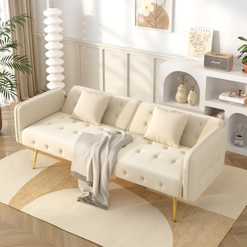 BTM Kleines Wohnzimmer Sofa Schlafsofa Klappsofa mit Schlaffunktion Samtbezug Schlafsofa Sofabett 2 Sitzer für Kleine Räume Beige