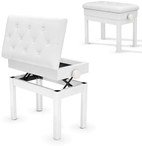 Clevich Sgabello per pianoforte, regolabile altezza, 48 – 58 cm, con vano portaoggetti, panca per pianoforte con cuscino in pelle PU, sedia per pianoforte, resistente, portata fino a 150 kg, Bianco