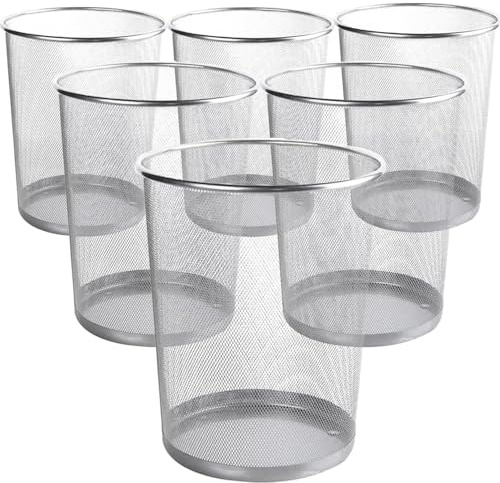 livexa 6 Pack Metal Mesh Waste Paper Bin 12 Litres Lightweight Mesh Wastebasket Waste Bin Silver Metal Rubbish Bin for Bedroom, Office, Bathroom, Kitchen (6x Silver)