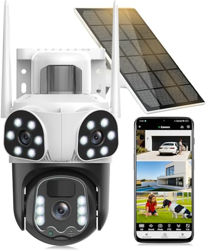 4K Camera Surveillance WiFi Exterieure sans Fil,à triple objectif/Camera Solaire/Batterie,2.4/5G WIFI,360° PTZ Sécurité à Domicile,Vision Vocturne,Alarme,Audio Bidirectionnel,Suivi Automatique,8MP HD