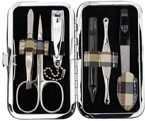 DREI SCHWERTER - Germany 6-tlg. Maniküre Set 'Catania' Nagelset mit Hautschere, Nagelknipser, Pinzette, Saphirnagelfeile, Glasnagelfeile, Nagelreiniger im Rahmenetui - kariert