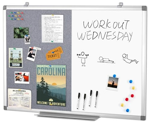 Magnetic Whiteboard Combination Fabric Pin Noticeboard Office Home School with Dry Erase Pen + 6 Pins,Gray,90x60cm