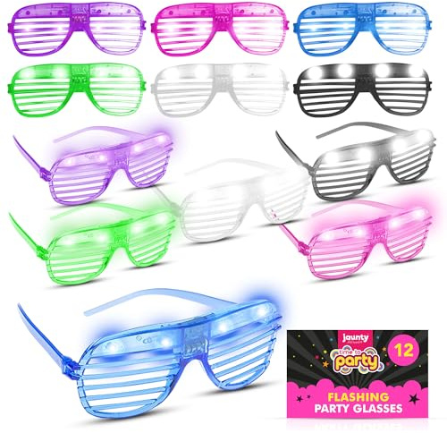 Jaunty 12pk Party Flashing Glasses - Neon Rave Accessories - Light Up Glasses for Adults - Multicolour LED Glow for Birthdays, Festivals, Halloween, Dance Events, Fancy Dress, and Celebration Parties