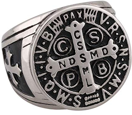 Flongo Herren Ring Männerring Herrenring Benediktussegen, Breit Edelstahl Band Ring Ringe Gold Silber Bandring Siegelring Daumenring Saint Benedict Medal Herren-Accessoires