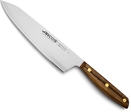 Arcos Cuchillo Chef Acero Inoxidable. Cuchillo cocina profesional para cocinar. Mango madera Ovengkol 100% natural FSC y Hoja 210 mm. Serie Nordika. Color marrón.