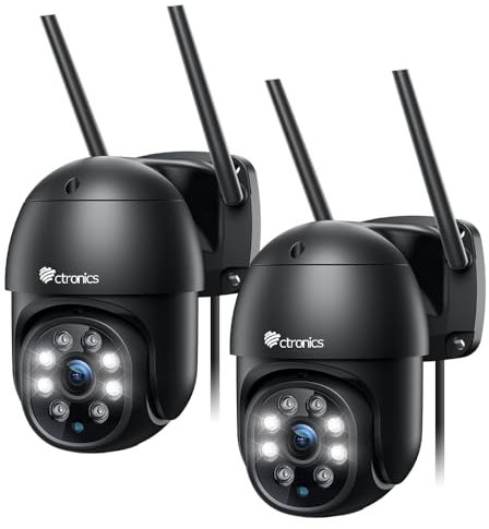 Ctronics PTZ Überwachungskamera Aussen WLAN, 2K Kabellose WiFi IP Kamera Outdoor mit Automatische Verfolgung, Personenerkennung, Nachtsicht in Farbe, 2-Wege Audio, IP66 Wasserdicht (2 St) (schwarz)