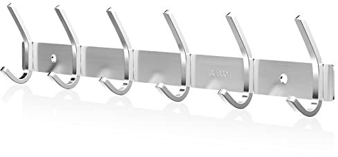Newaner Hakenleiste Garderobe SUS304 Edelstahl Modern, Kleiderhakenleiste Wand Gebürstete Optik Doppelhaken, Jacken Kleider Haken mit 6 Haken, Kleiderhaken für Küche, Schlafzimmer, Büro, Silber