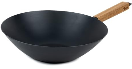 Alva Forest Naturally Nonstick Carbon Steel Wok Pan 12 - Acacia Wood Handle, Pre-Seasoned and Made without PFAS, PFOA & PTFE - Induction and All Stovetop Compatible with Even Heat Distribution