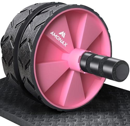 Amonax Convertible Ab Wheel Roller with Large Knee Mat for Core Abs Rollout Exercise, Double Wheel Set with Dual Fitness Strength Training Modes at Gym or Home (Pink)