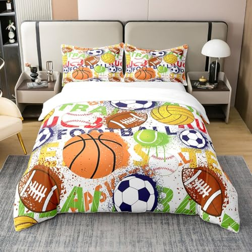 Cartoon Balls 100% Cotton Duvet Cover Cute Basketball Football Colorful Graffiti Bedding Set for Kids Boys Teens Extreme Sports Style Hippie Comforter Cover with 1 Pillowcase(No Comforter) Twin Size