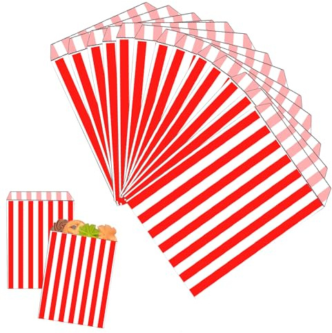 100 st 12 cm x 18 cm rödrandiga söta papperspåsar, randiga papperspåsar för söt smak buffé bröllopstårta presentbutik för barn flickor pojkar födelsedag julfest buffé konfektyr