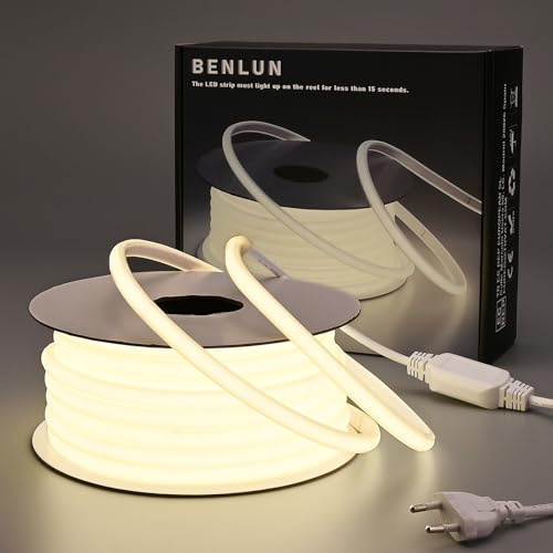 BENLUN 220V Ruban LED COB Exterieur Etanche 20M, 4000K Blanc Naturel Flexible Découpable Bande LED 200W CRI 90+ Sans Transformateur, pour Chambre, Gaming, Bureau, Pergola Extérieur