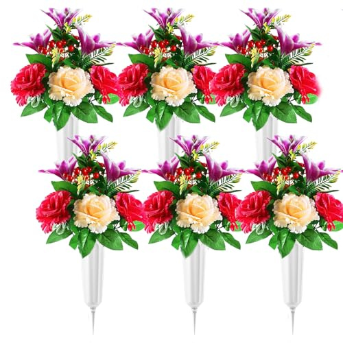 Tigeen 6 Sets Artificial Cemetery Flowers with Vase 54 Heads Artificial Graveyard Flower Funeral Flowers Memorial Bouquet for Grave Cemetery Vase for Headstone Decoration(Purple)