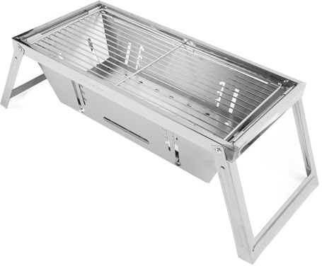 Holzkohlegrill, Zusammenklappbarer Tragbarer Grill aus Edelstahl, Kleiner Outdoor-BBQ-Grill mit Grillrost, Spießen, Grillnetz, Handschuhen und Aufbewahrungstasche für Camping