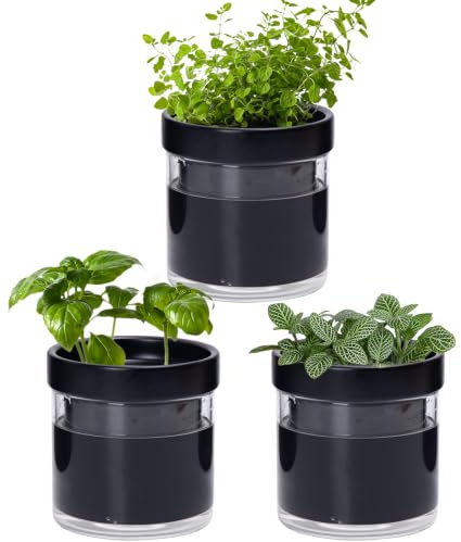 Phoenix Vine 10,2 cm selbstbewässernder Pflanztopf aus schwarzem Terrakotta-Ton, mit Glasspeicher für Zimmerpflanzen, Kräuter, Blumen, 3er-Set, 52-C-E-3