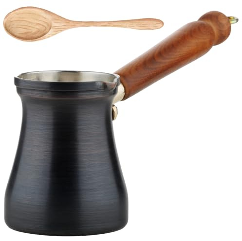 DEMMEX - Solid Brushed Copper Turkish Coffee Pot Cezve Ibrik Briki, Stovetop Greek Arabic Coffee Maker, Wooden Handle & Tin Lining, 100% Handcrafted (Patina Copper, 240ml/2-3ppl)