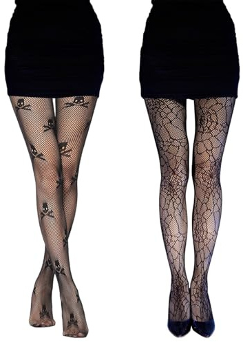 SIEUUOAK 2 Paar Strumpfhosen Damen Muster Strumpfhosen Schwarz Gemustert Netzstrumpfhose Schwarz Halloween Netzstrumpfhose Totenkopf Spinnen Skelett Halloween Strumpfhose Damen Spinnennetz Strumpfhos