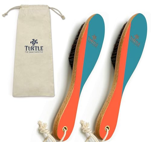 Beach Sand and Pool Feet Brush w/Soft Bristles | 2 Pc. Set | Use Also for Surfboards, Towels, Chairs, Pet Paws, & Outdoor Gear | Portable Travel Gear w/Cotton Bag | Sand Remover (Indigo/to)