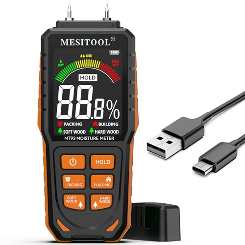 MEISITOOL Digitaler Feuchtigkeitsmesser für Holz, mit Hintergrundbeleuchtung, LCD-Display, Wasserleckdetektor für Holz, Brennholz, Wände, Gips, Mauerwerk (MT93)