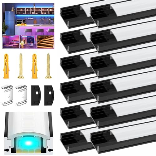 VEANANO Led Channel Aluminium Profile for LED Strip Light Diffuser 12Pack 3.3FT/1M Black U-Shape Aluminum Channel with Milky White Cover, End Caps and Mounting Clips Easy Installation