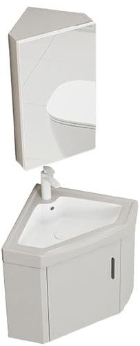 LYXWGRZD Hörnhandfat for badrum, keramiskt hörnhandfat med spegel, Hörnbadrumshandfat med kran och avlopp, Hörnväggmonterad handfat for badrum(15x15.7x20.8in)