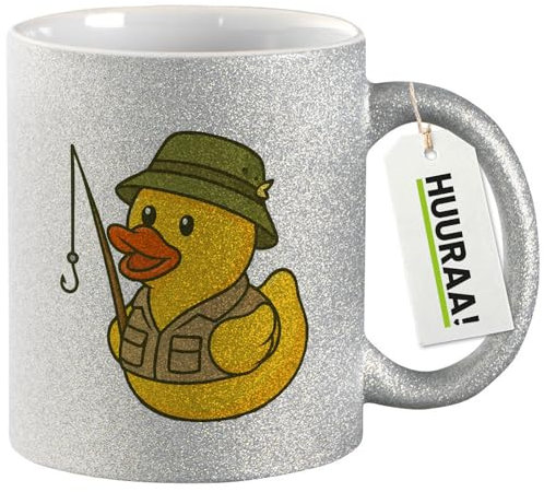 Huuraa Glitzer Tasse Quietscheente Angler Comic Gummiente Geschenk 330ml Silber Quietscheente Angler Präsent