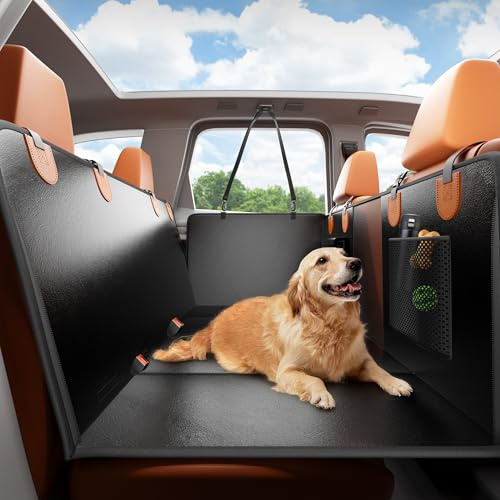 HiPetpy Dog Car Seat Cover for Back Seat, 7-Layer PU Leather, Heavy Duty 100% Waterproof, Hard Bottom Back Seat Extender for Dogs, Supports 450lbs, Non-Slip Hammock for Cars, SUVs, Trucks (Orange)