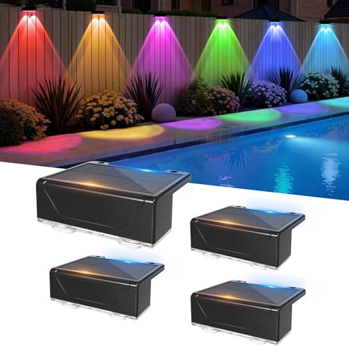 Liyade Utomhus solcellsvägglampa 4 stycken RGB solcellslampor för utomhusbruk trädgård, vattentät solstaketbelysning med 8 ljuslägen, täcklampor för staket, yttertrappor, veranda, däck, uteplats