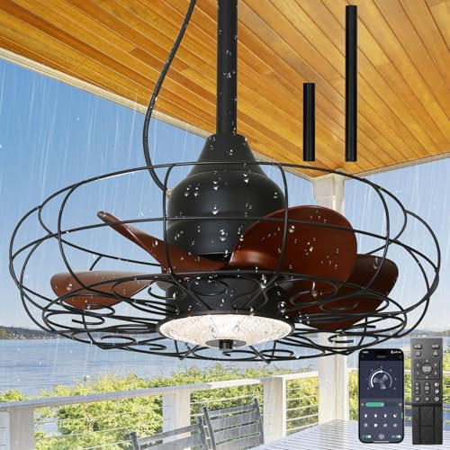 Revneey Ventilador de Techo LED para Exteriores 36W Con Luz, Ventilador Iluminado Impermeable IP65, Regulable, 6 Ajustes de Velocidad, Pabellón, Lámpara de Techo Ventilador de Jardín con Temporizador