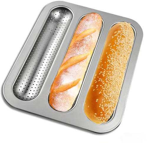 JSJMOFA Baguette Backform Gelocht Baguette Backblech für 3 Baguettes Silbe | Baguetteform Brotbackform 31,8 x 25,2 x 3 cm, Mini Baguette Backform für Hotdogs, Längliche Brötchenform Antihaftbeschichtet