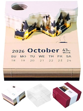 3D-Notizblöcke, Kalender 2026, Papierschnitzerei, 3D-Kalender, Notizblock mit Lichtern, Zeitstück-Kalender, abreißbarer Notizblock, antihaftbeschichtete Haftnotizen mit Stifthalter für Schule, Büro