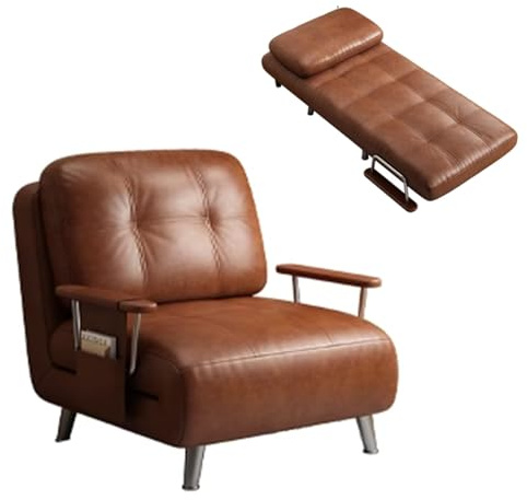 Sillon Cama 1 Plaza Plegable Cuero Encerado Ergonomía Chaise Longue Ajuste del Respaldo en 5 Niveles Reposabrazos de Acero Inoxidable Cama de Invitados para Dormitorio Salón(Brown,192 * 80 * 26cm)